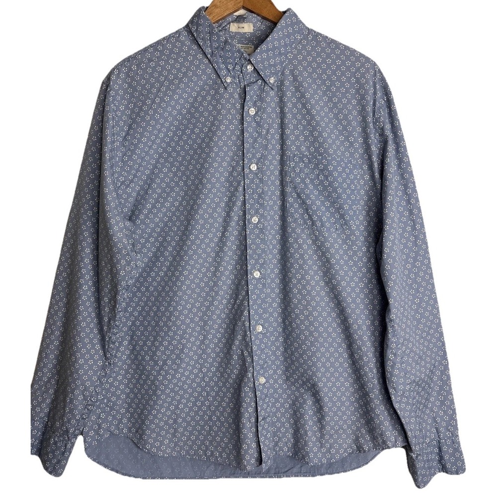 J Crew Organic Cotton Button Down Shirt Slim Fit Chambray Floral Mens XL‎ Blue